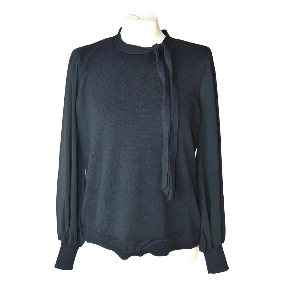 CECE || Crewneck Light Sweater Front Neck Tie Sheer Sleeve Black Size Large
